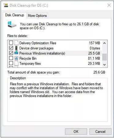 升级Windows 10 1803专业版后释放磁盘空间的方法
